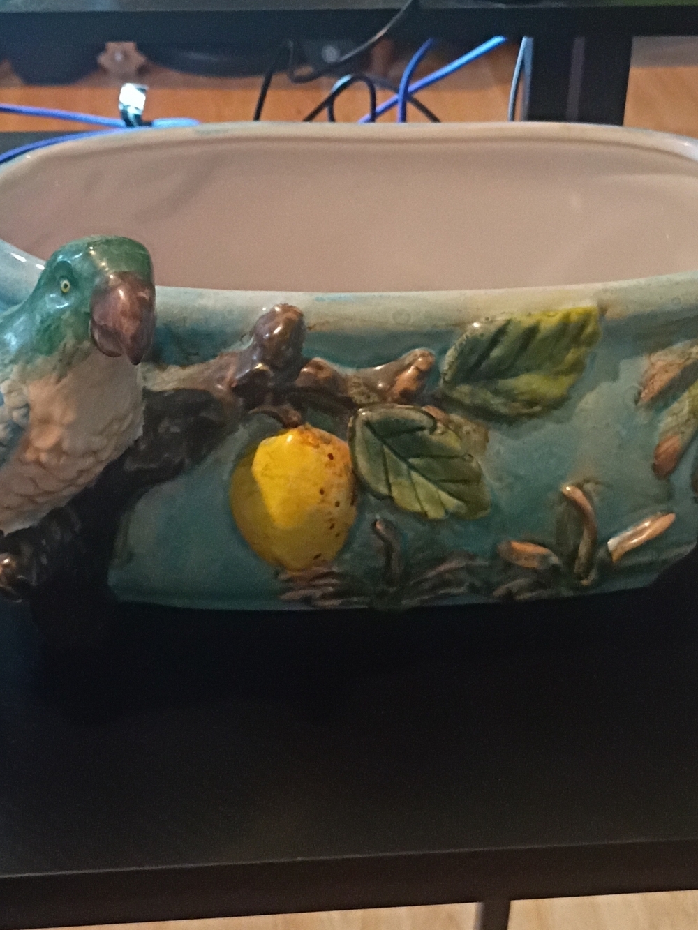 Pacific Rim, Hand-Painted Ceramic Parrot Planter in Turquoise and Yellow